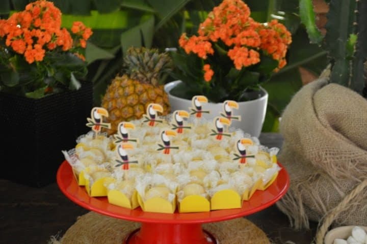 Festa com tema Tucanos e flores no Chalé do Lago